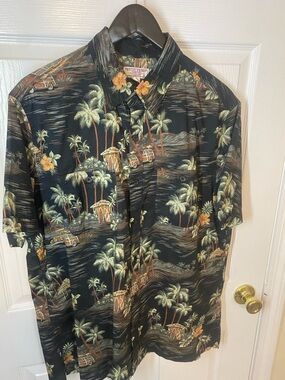 J. Crew Black Hawaiian Shirt with Green Palms and Tan Accents